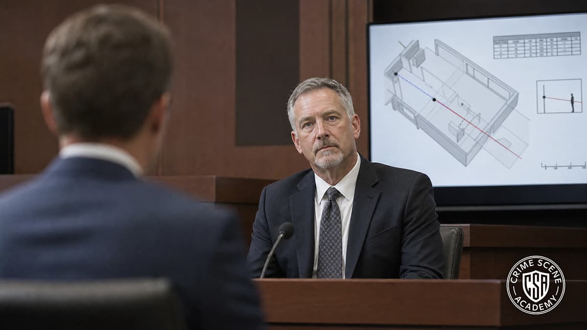 Professional courtroom setting reflecting the careful, restrained nature of expert testimony.