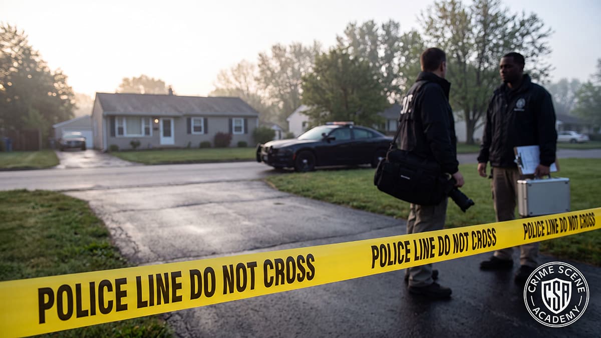 Crime scene perimeter secured with evidence tape
