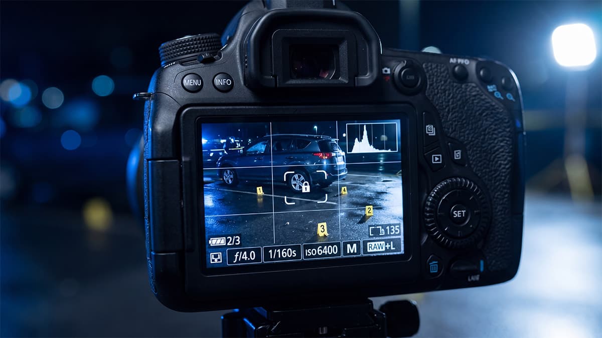 Crime scene investigator photographing evidence at a scene.